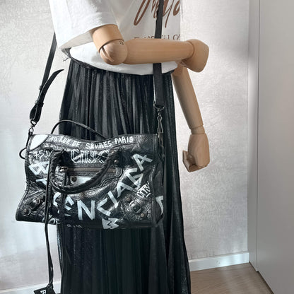 Second hand Balenciaga City Graffiti Classic Small Leather 2-Way Handbag Black - Tabita Bags