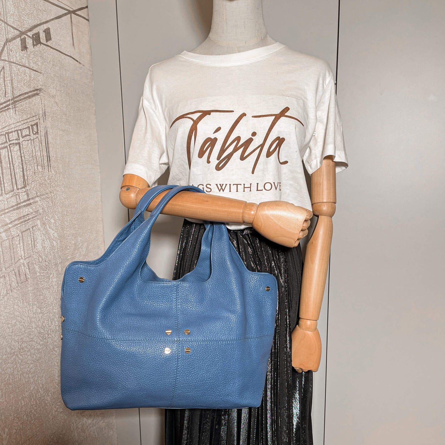 Second hand Borbonese Tote Shoulder Bag Leather Blue - Tabita Bags