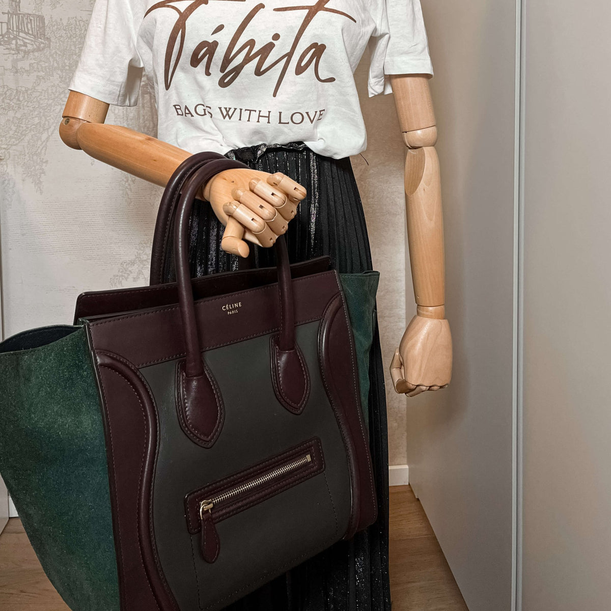 Second hand Céline Luggage Medium Leather Tote Bag Brown & Green - Tabita Bags