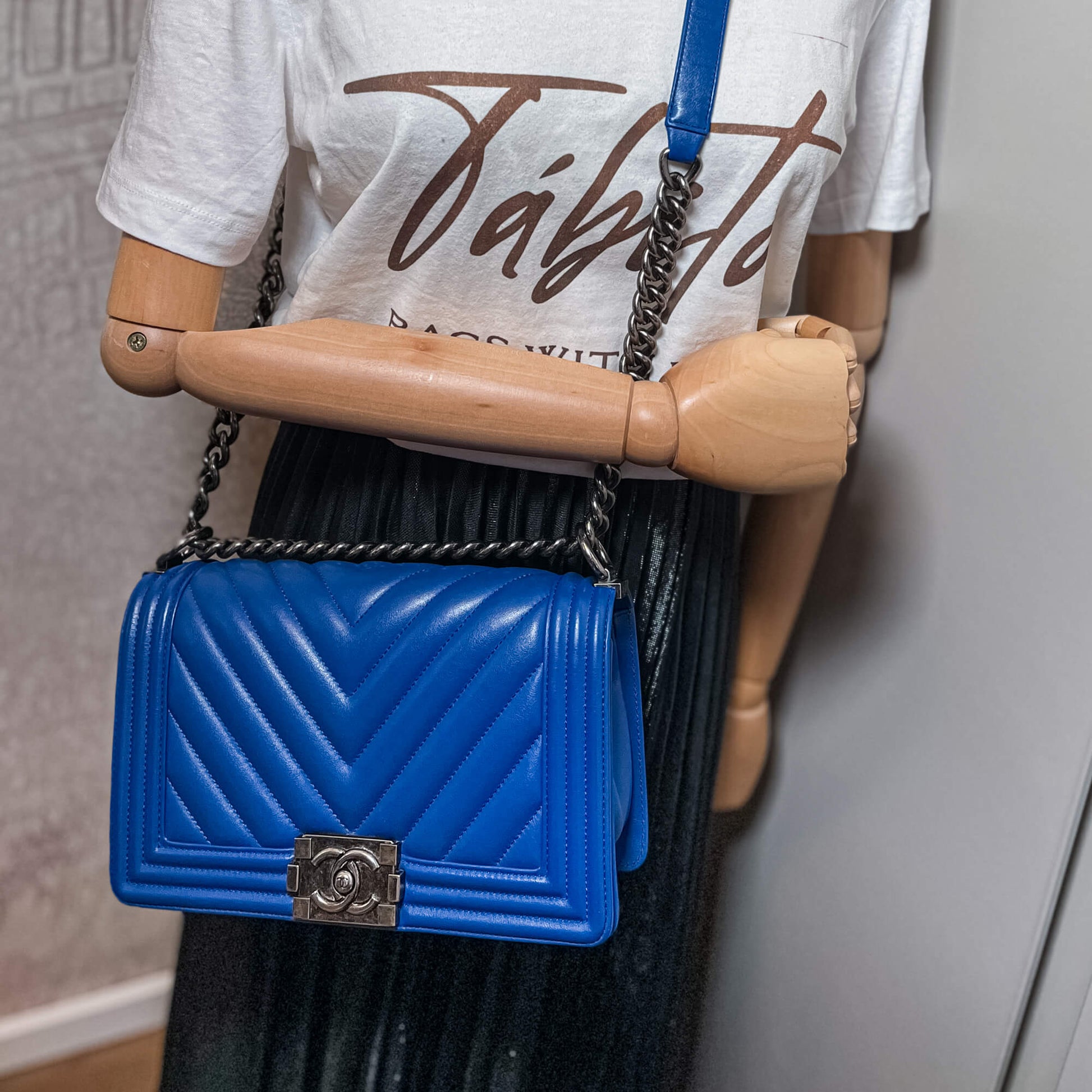 Chanel Boy Medium Chevron Calfskin Blue Flap Bag - Tabita Bags