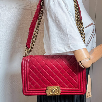 Second hand Chanel Boy Medium Quilted Calfskin Red Flap Bag - Tabita Bags