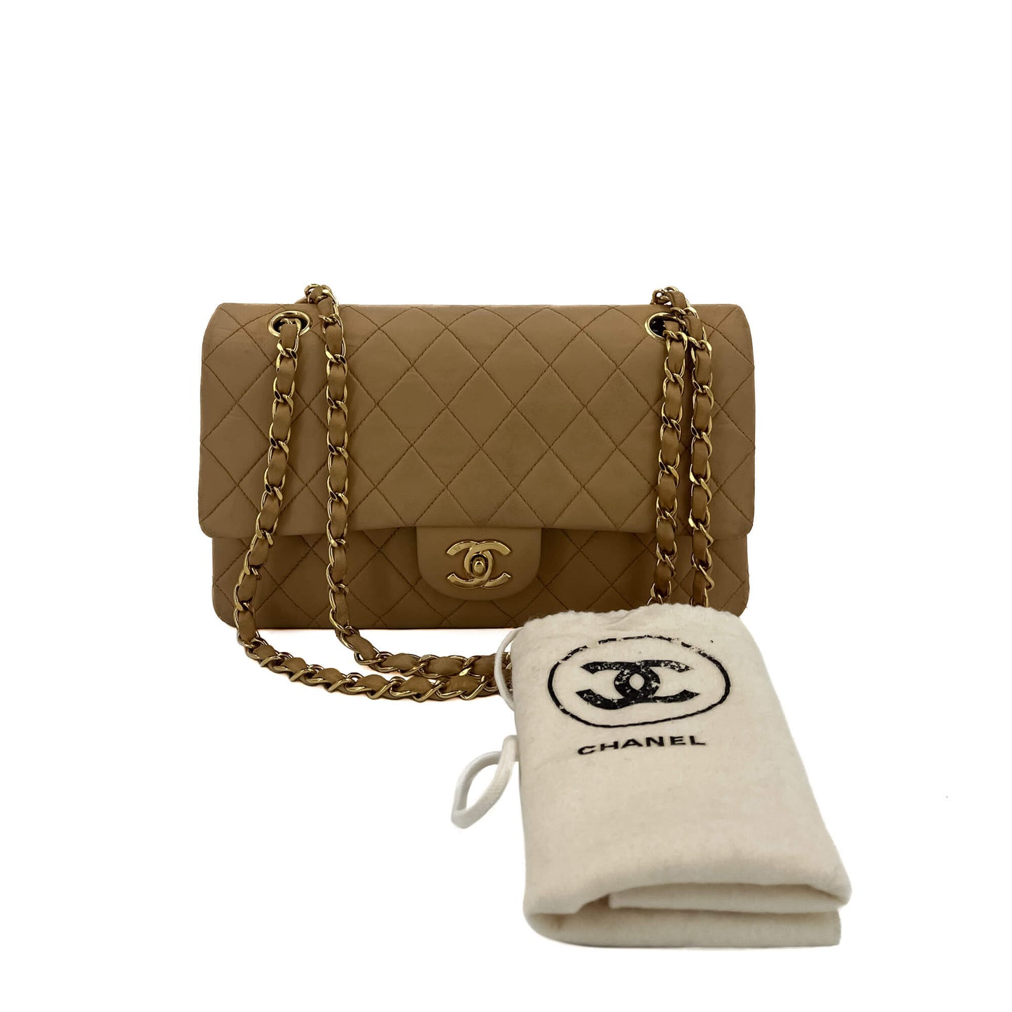 Second hand Chanel Classic Double Flap Chain Bag Beige Leather Medium - Tabita Bags