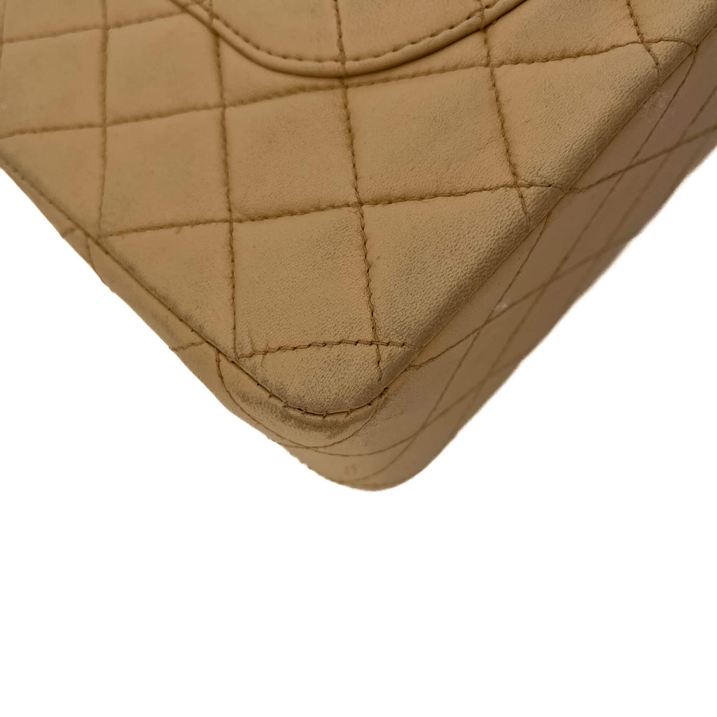 Second hand Chanel Classic Double Flap Chain Bag Beige Leather Medium - Tabita Bags