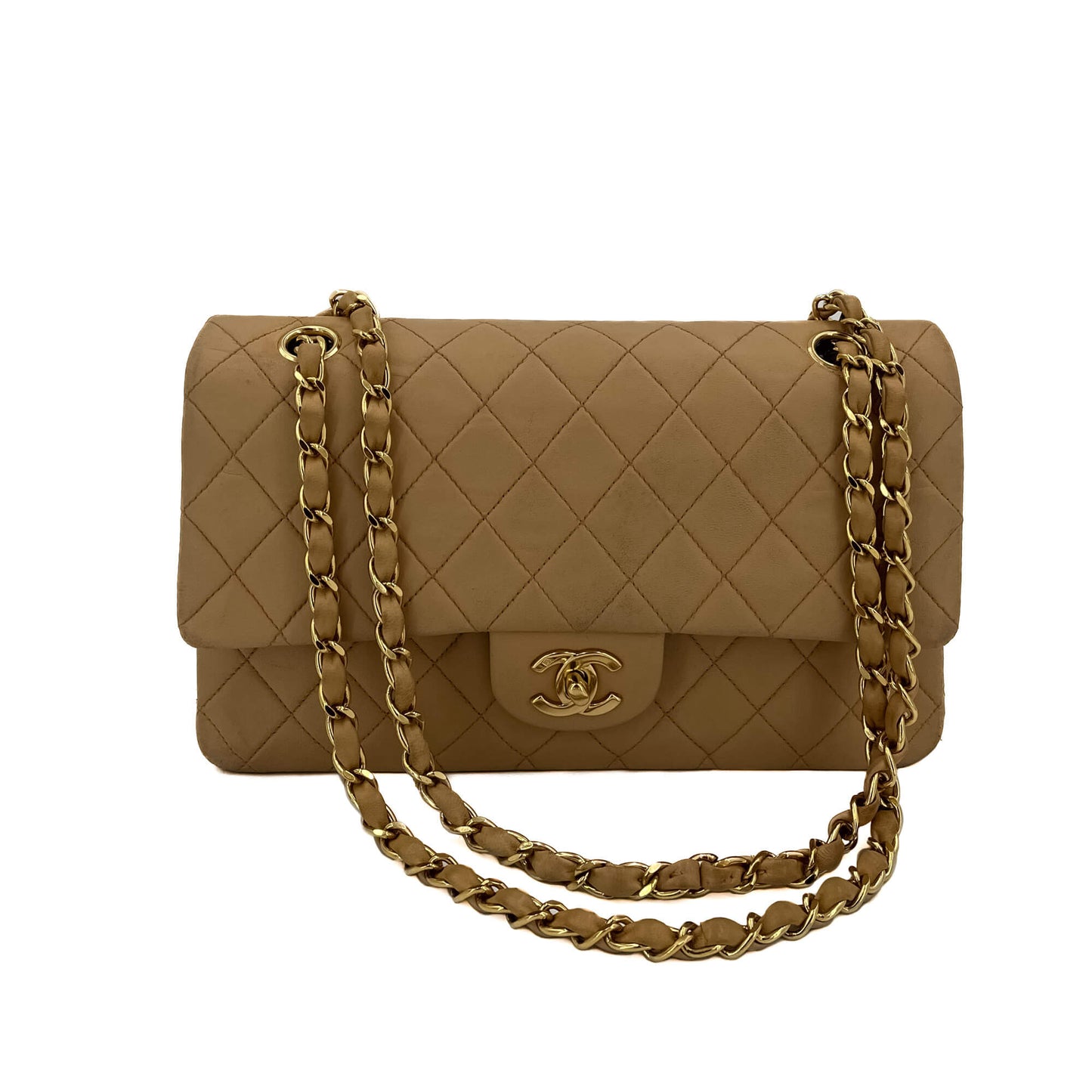 Second hand Chanel Classic Double Flap Chain Bag Beige Leather Medium - Tabita Bags