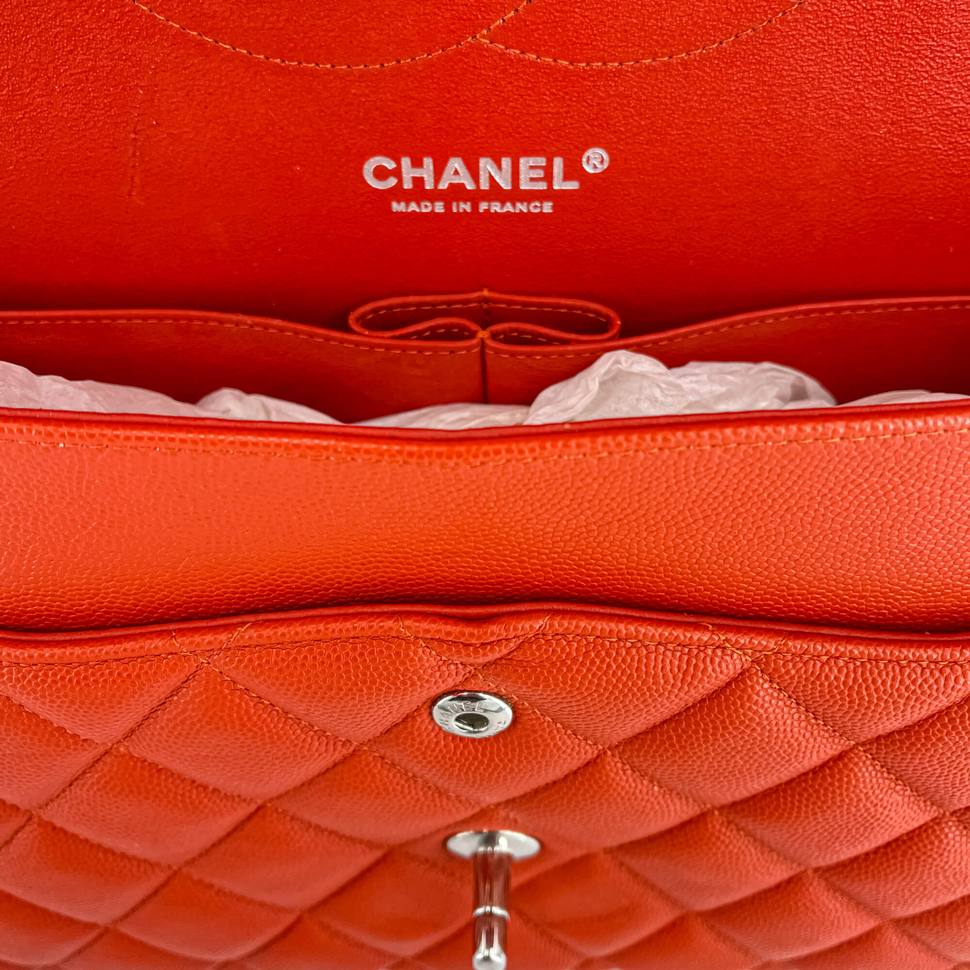 Chanel Classic Double Flap Jumbo Caviar Leather Chain Bag Orange ...