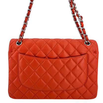 Second hand Chanel Classic Double Flap Jumbo Caviar Leather Chain Bag Orange - Tabita Bags