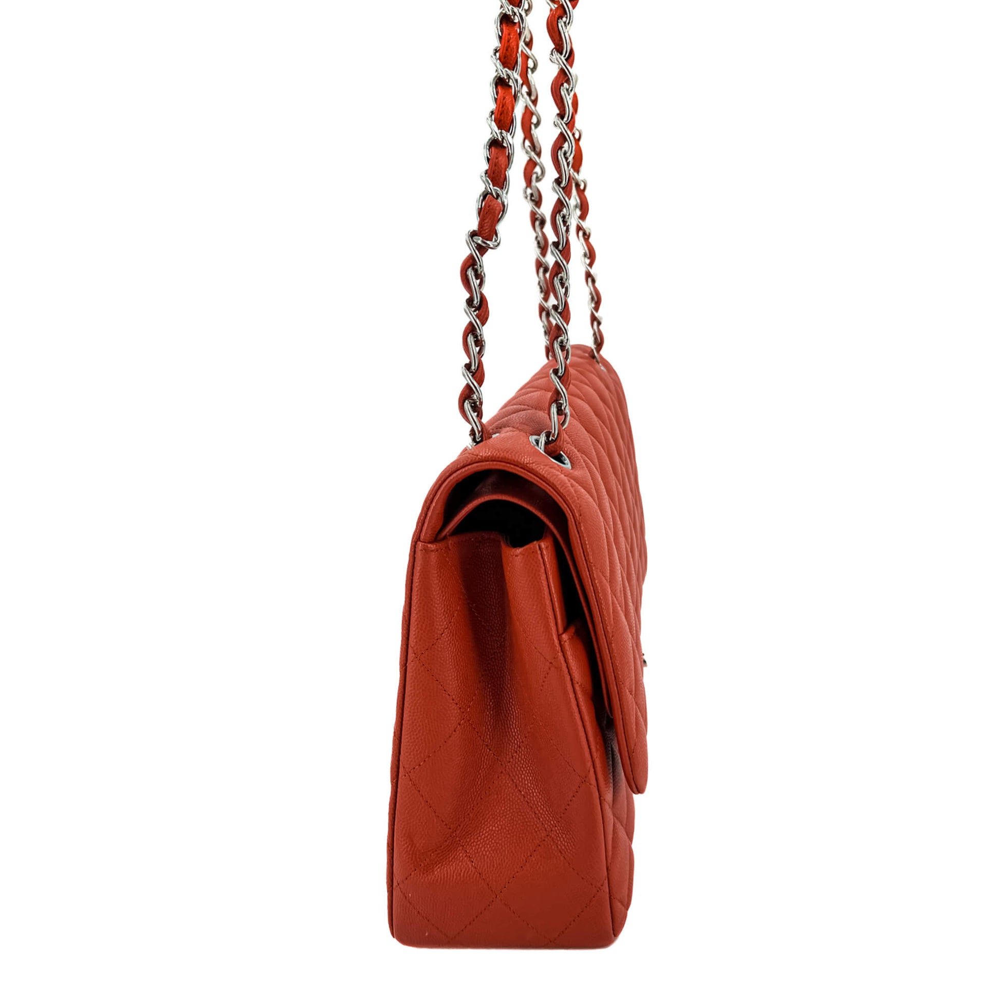 Second hand Chanel Classic Double Flap Jumbo Caviar Leather Chain Bag Orange - Tabita Bags