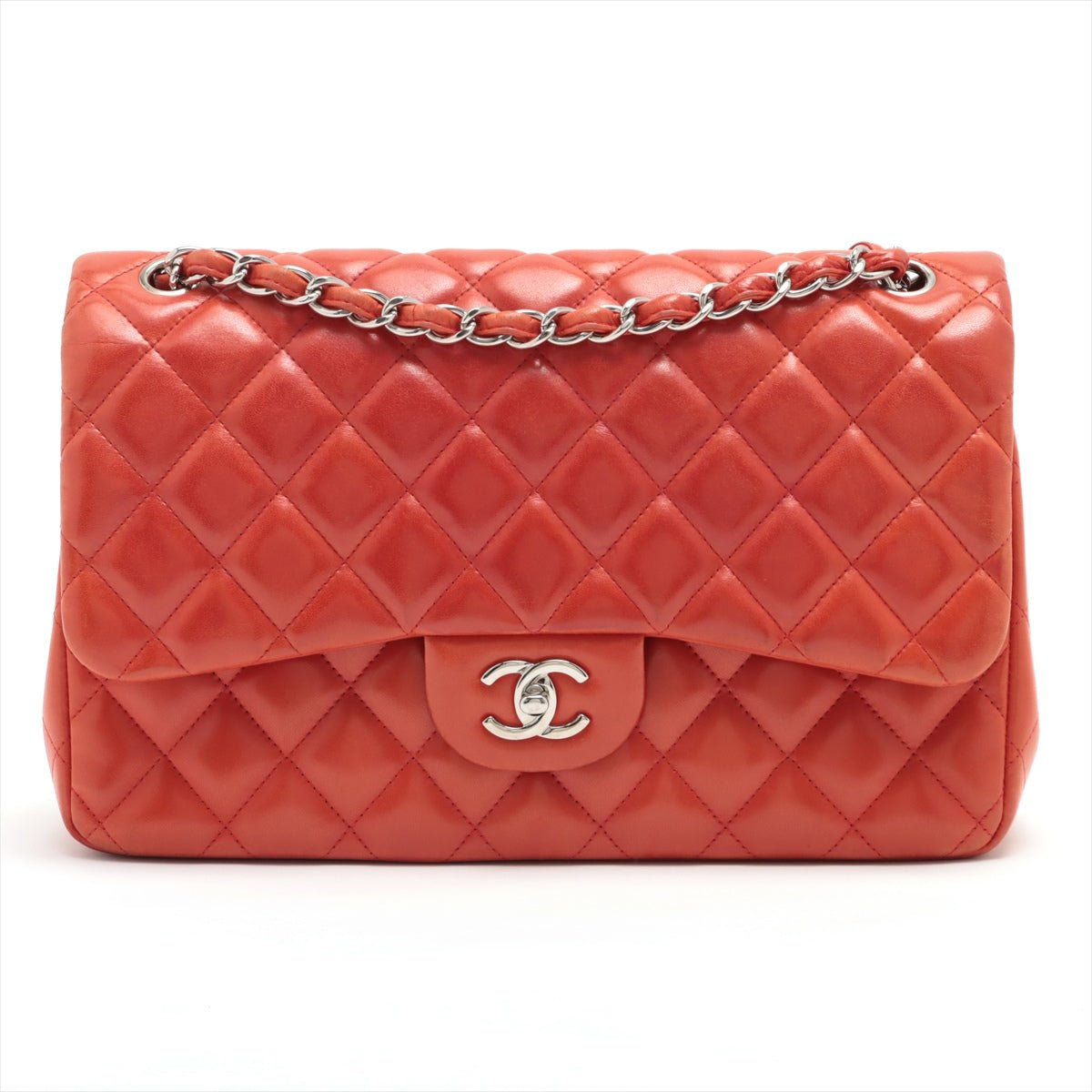 Second hand Chanel Classic Double Flap Jumbo Lambskin Leather Chain Bag Red/Orange - Tabita Bags