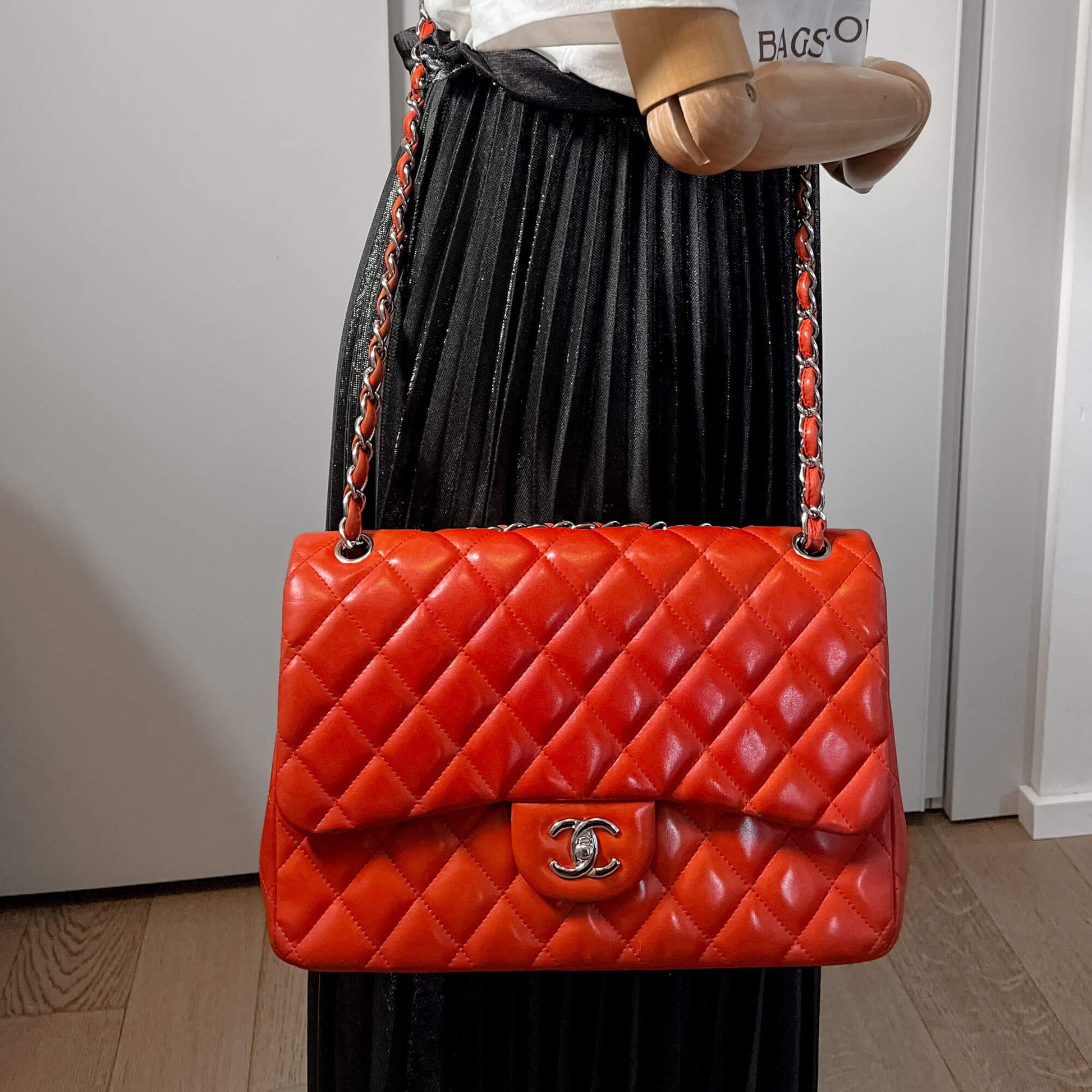 Second hand Chanel Classic Double Flap Jumbo Lambskin Leather Chain Bag Red/Orange - Tabita Bags