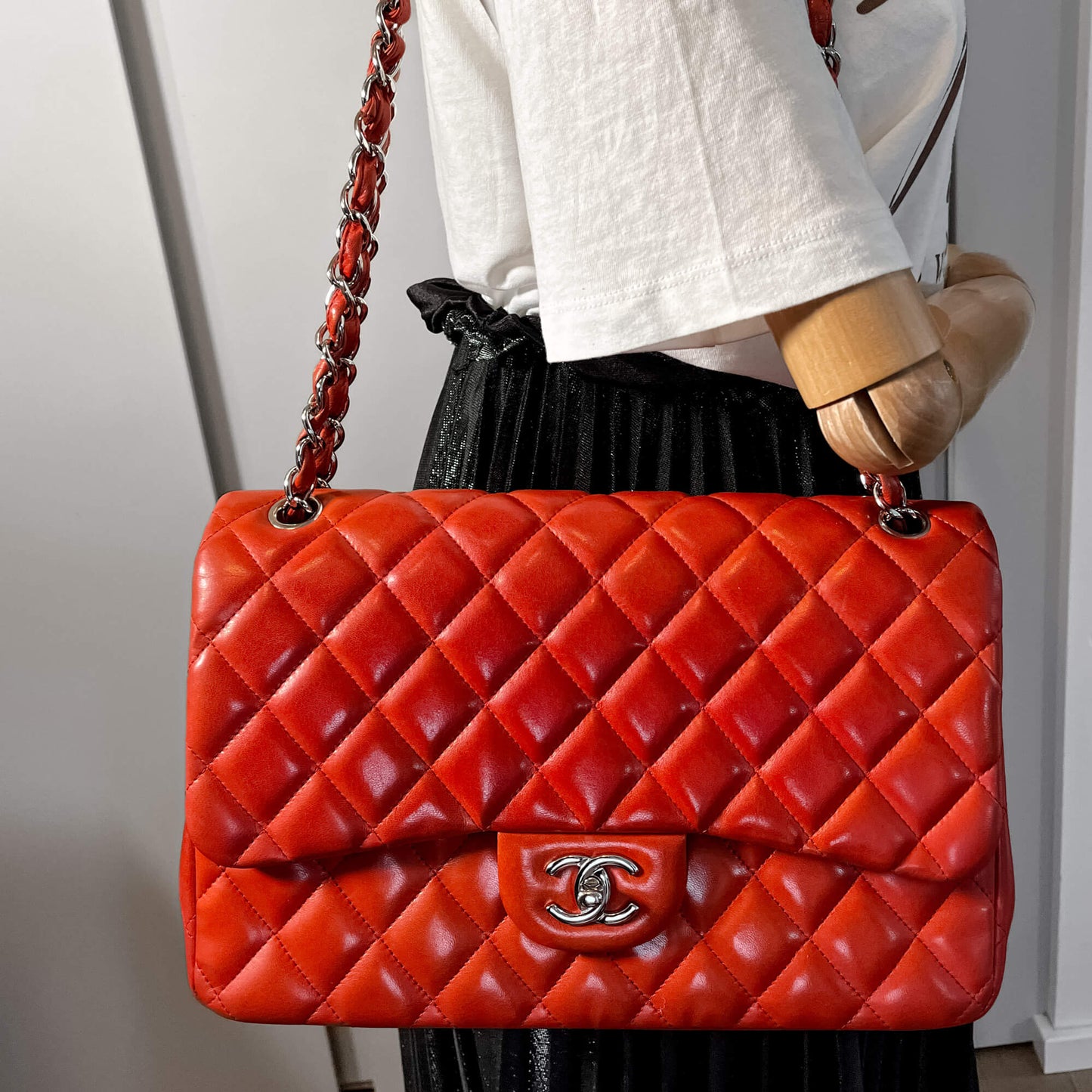 Second hand Chanel Classic Double Flap Jumbo Lambskin Leather Chain Bag Red/Orange - Tabita Bags