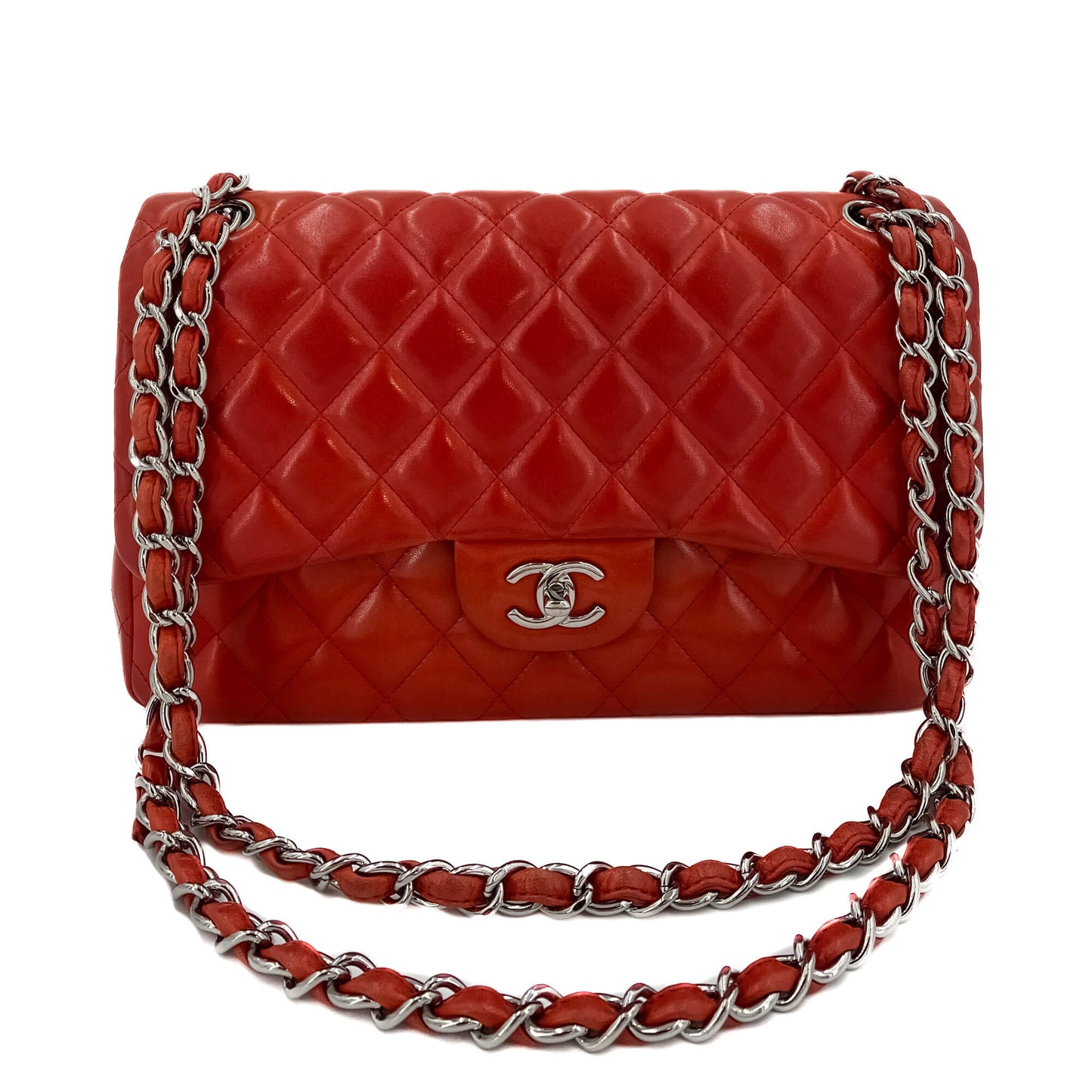 Second hand Chanel Classic Double Flap Jumbo Lambskin Leather Chain Bag Red/Orange - Tabita Bags