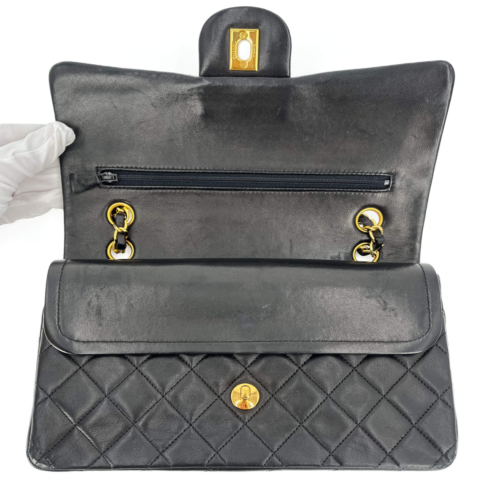 Second hand Chanel Classic Double Flap Medium Matelassè Lambskin Flap Bag Black - Tabita Bags