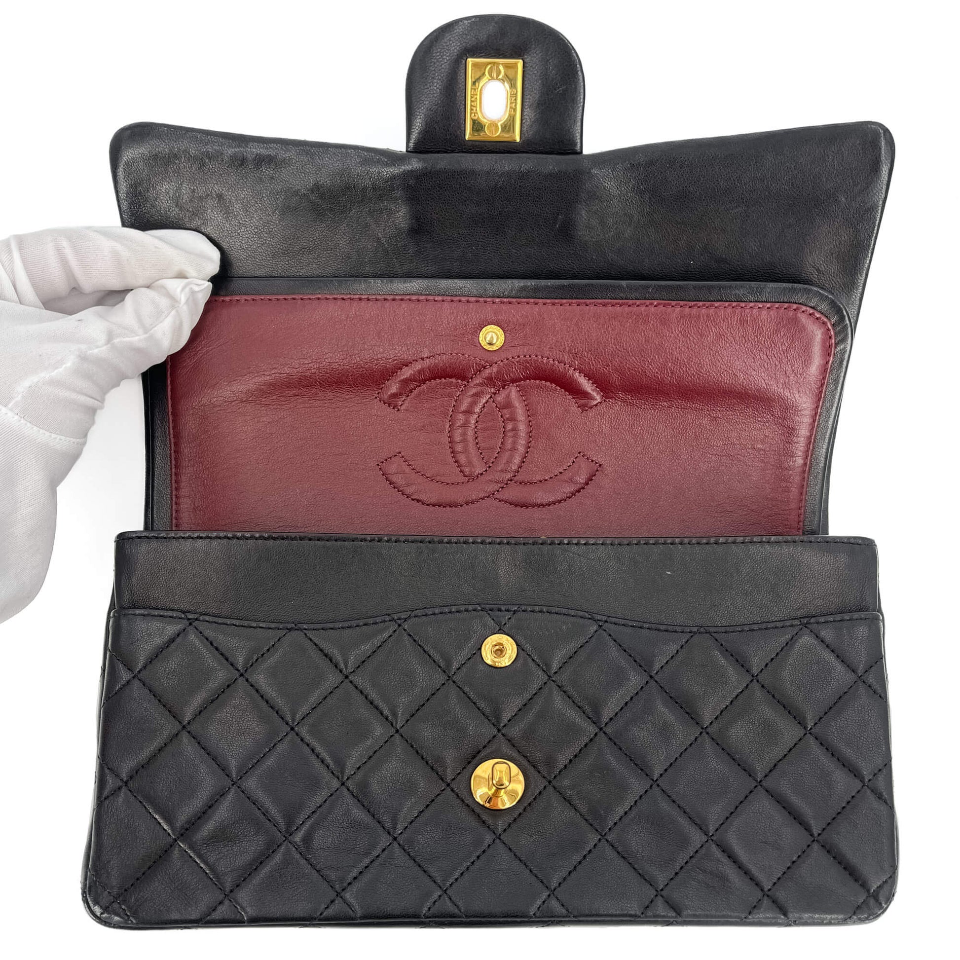 Second hand Chanel Classic Double Flap Medium Matelassè Lambskin Flap Bag Black - Tabita Bags