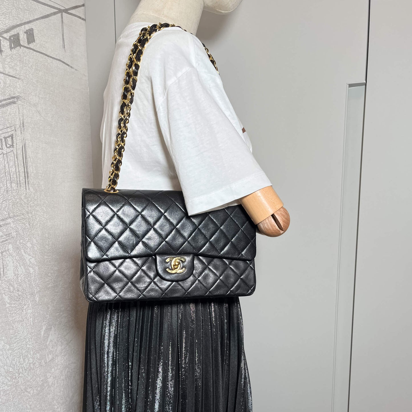 Second hand Chanel Classic Double Flap Medium Matelassè Lambskin Flap Bag Black - Tabita Bags