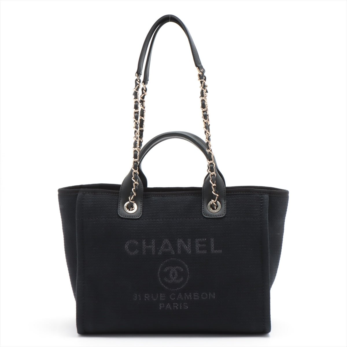 Second hand Chanel Deauville Canvas & Leather Chain Bag 2-way Black Gold - Tabita Bags