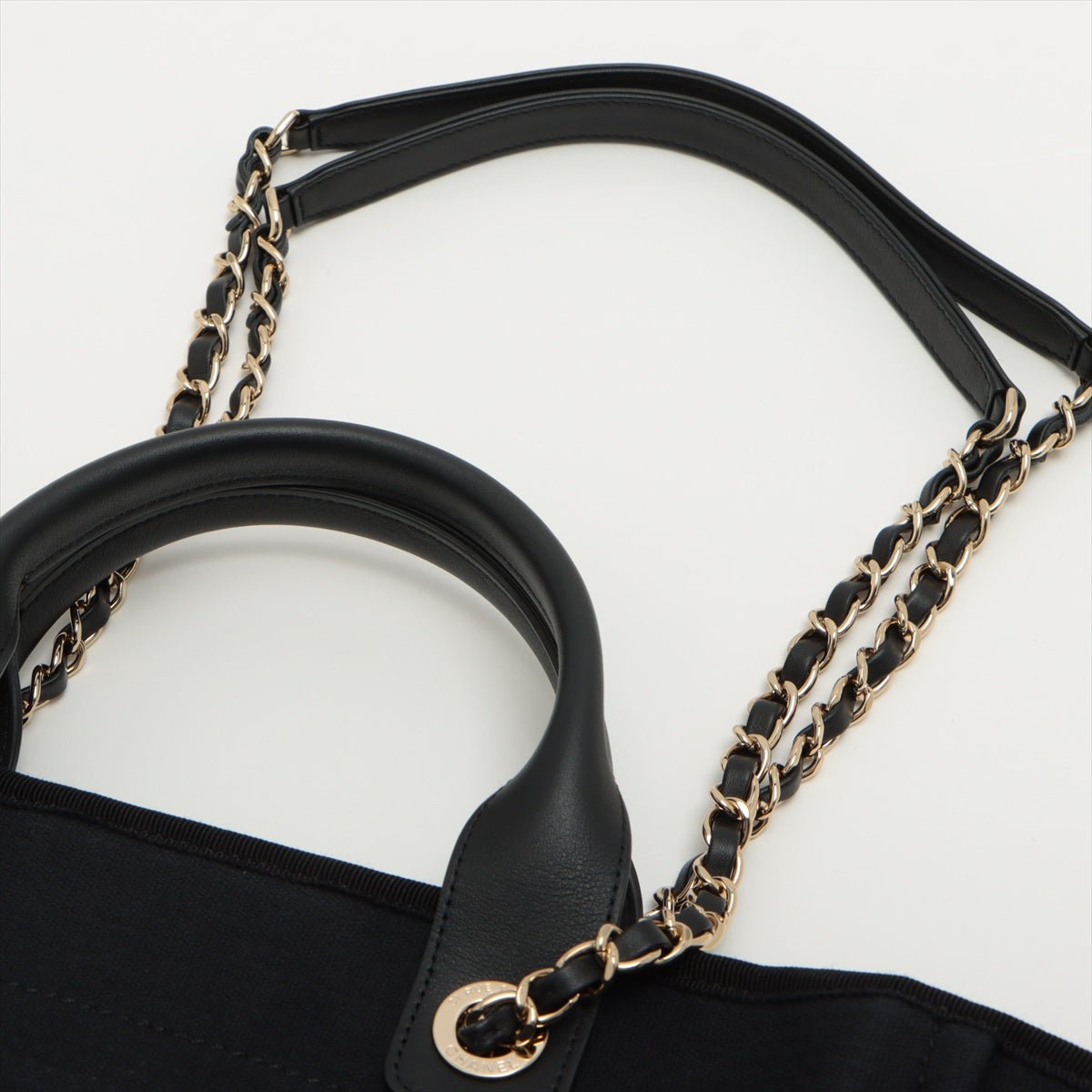 Second hand Chanel Deauville Canvas & Leather Chain Bag 2-way Black Gold Champagne Hardware - Tabita Bags