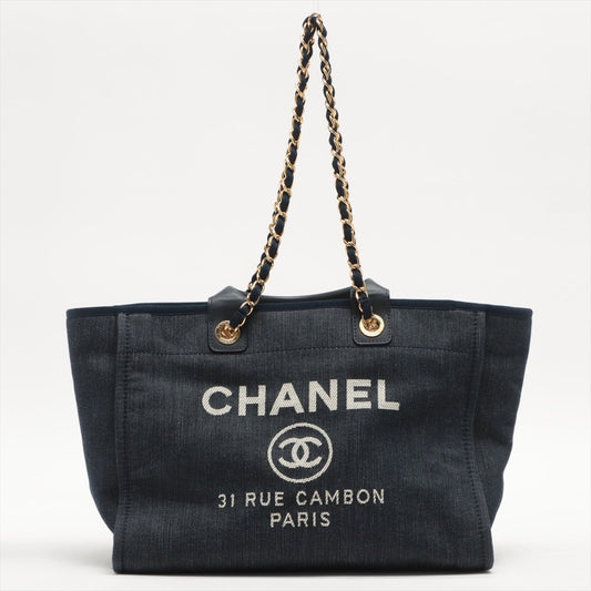 Second hand Chanel Deauville Denim Tote Bag Navy Blue Silver Hardware Medium - Tabita Bags