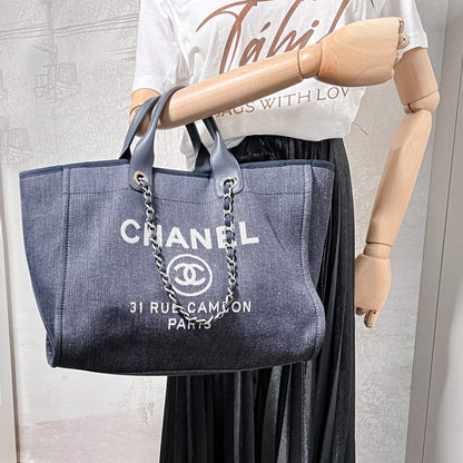 Second hand Chanel Deauville MM Canvas & Leather Denim Blue Silver - Tabita Bags