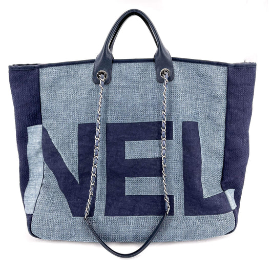 Chanel Large Deauville Shopping Bag Distressed Blue Denim Silver Hardware