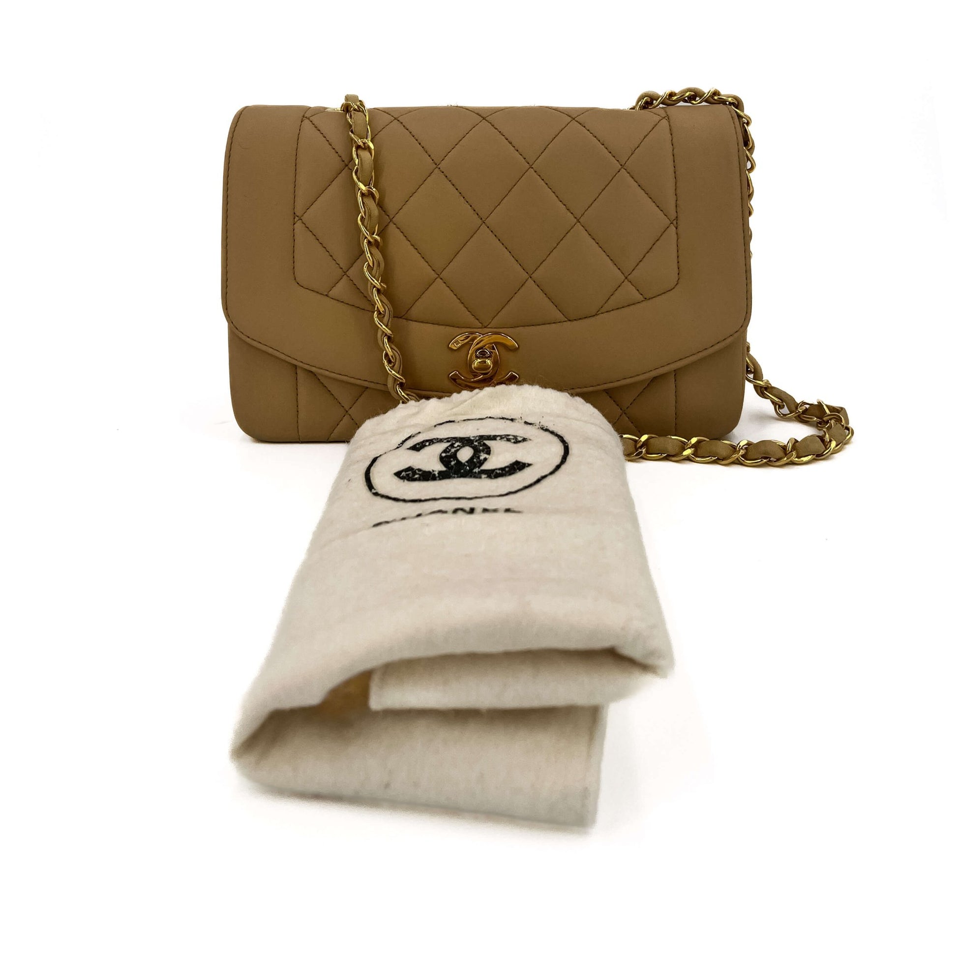 Second hand Chanel Diana Small Lambskin Leather Flap Bag Beige - Tabita Bags