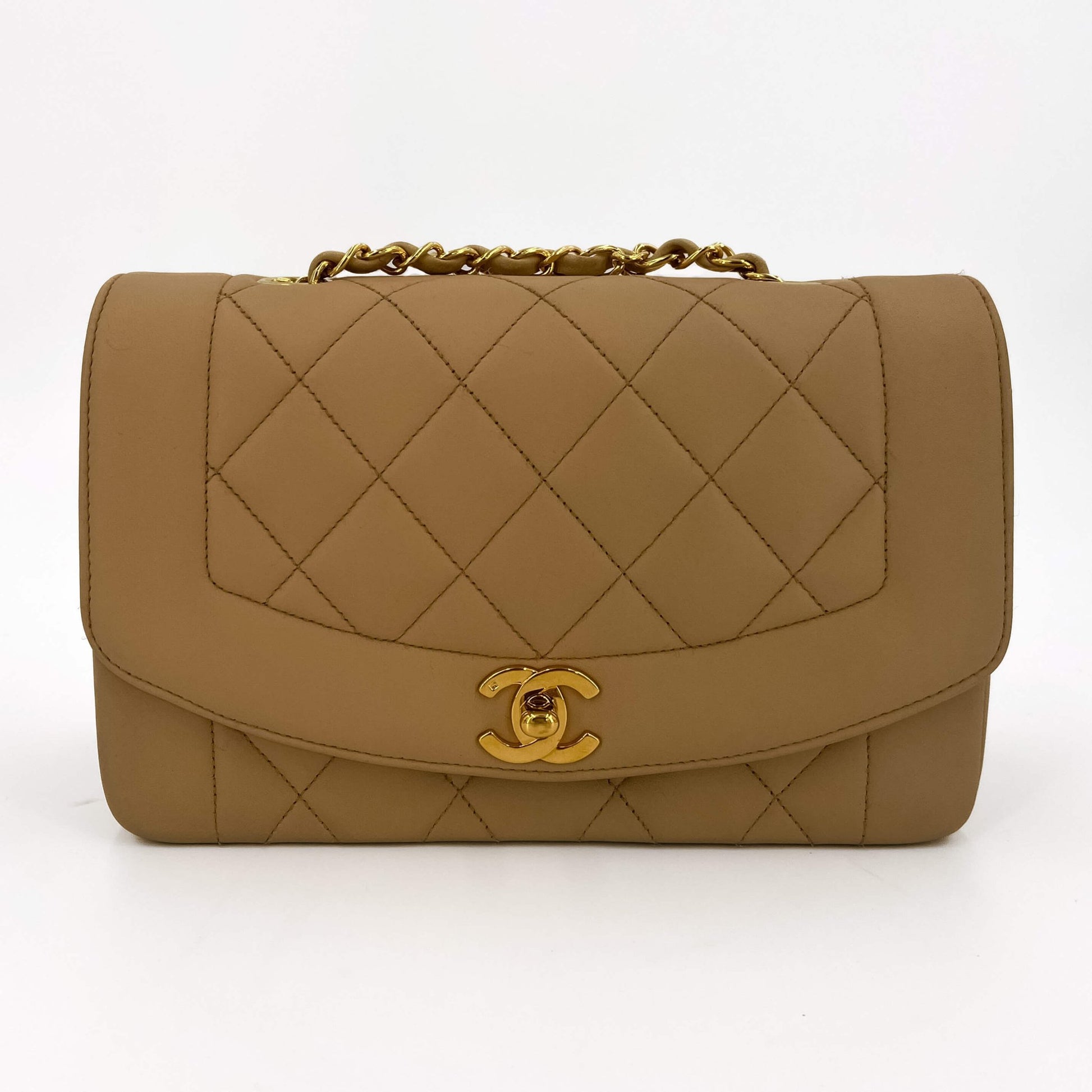 Second hand Chanel Diana Small Lambskin Leather Flap Bag Beige - Tabita Bags