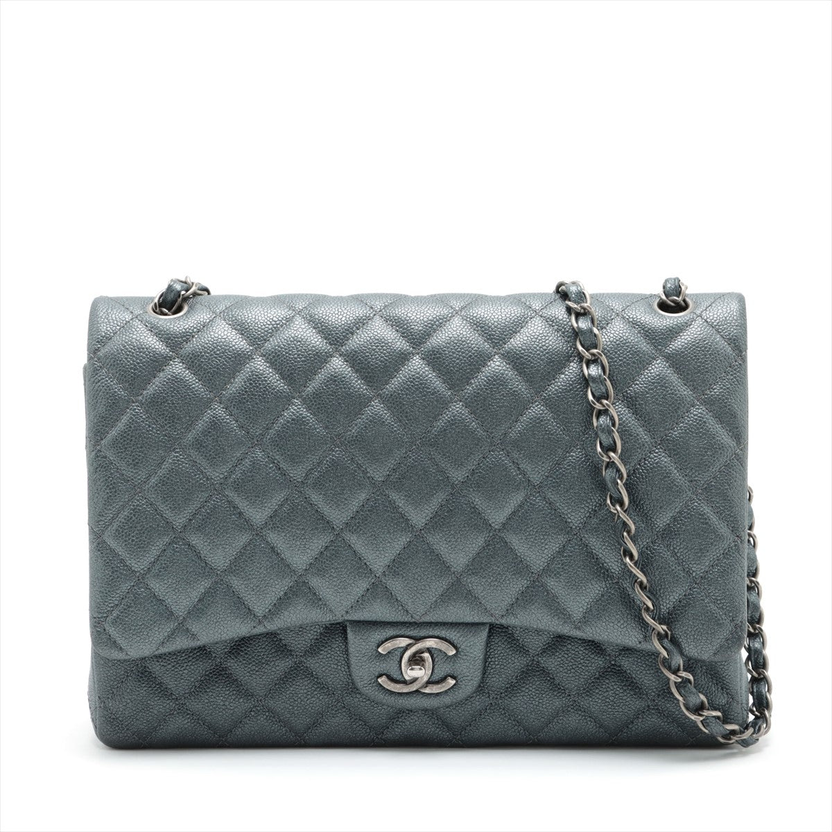 Second hand Chanel Double Flap Maxi Caviarskin Leather Flap Chain Bag Grey - Tabita Bags