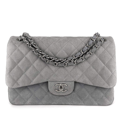 Second hand Chanel Jumbo Classic Double Flap Grey Caviar Leather Silver - Tabita Bags