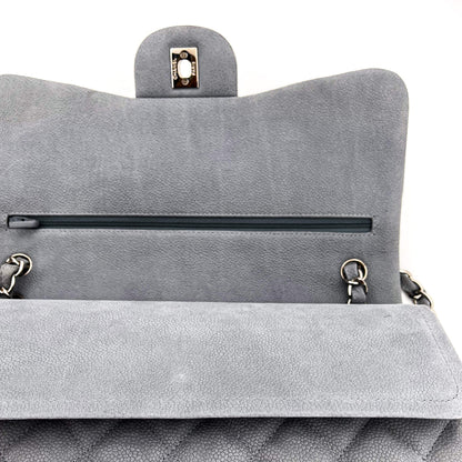 Second hand Chanel Jumbo Classic Double Flap Grey Caviar Leather Silver - Tabita Bags