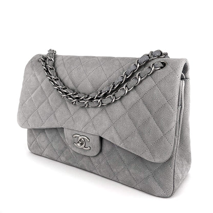 Second hand Chanel Jumbo Classic Double Flap Grey Caviar Leather Silver - Tabita Bags