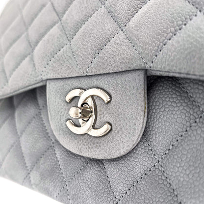 Second hand Chanel Jumbo Classic Double Flap Grey Caviar Leather Silver - Tabita Bags