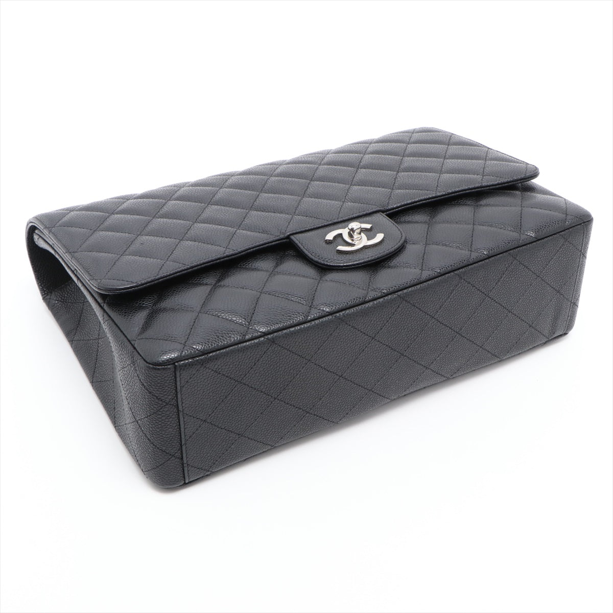 Second hand Chanel Maxi Classic Single Flap in Black Quilted Caviar Leather Silver Hardware - Tabita Bags