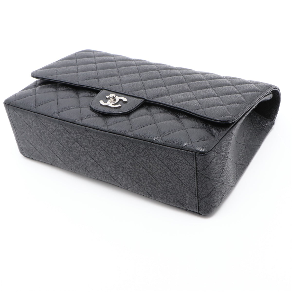 Second hand Chanel Maxi Classic Single Flap in Black Quilted Caviar Leather Silver Hardware - Tabita Bags