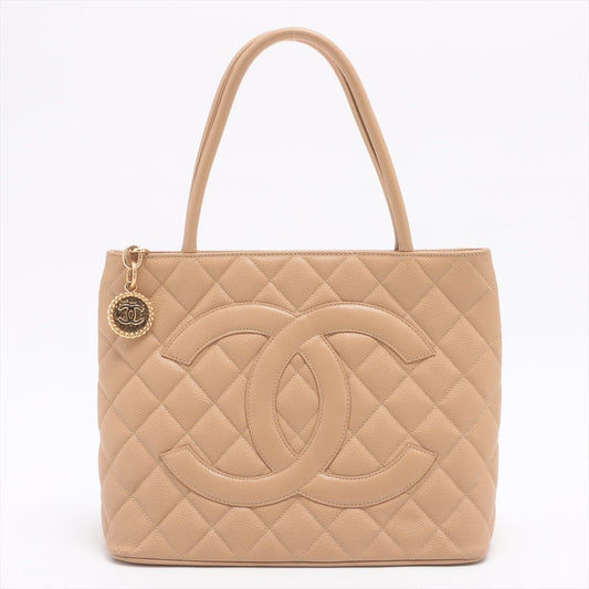 Second hand Chanel Medallion Tote Bag Beige Caviarskin Gold Metal - Tabita Bags