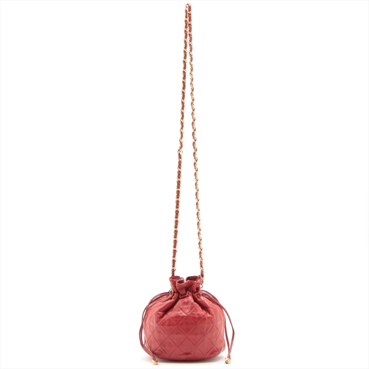 Second hand Chanel Mini Drawstring Bucket 1986-1988 Red Quilted Lambskin Gold - Tabita Bags