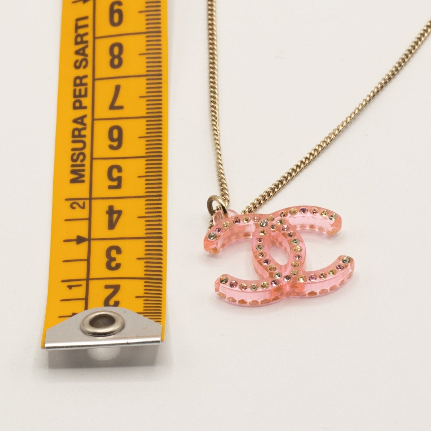 Second hand Chanel Pendant Chain Necklace Pink Resin Crystal CC Vintage - Tabita Bags