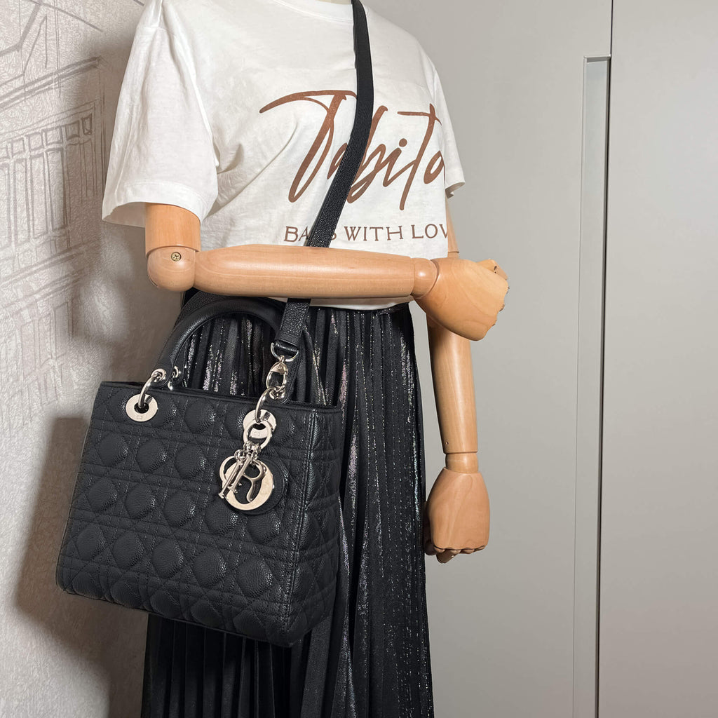 Second hand Dior Lady Dior Medium Cannage Grained Calfskin Leather 2-Ways Tote Bag Black - Tabita Bags