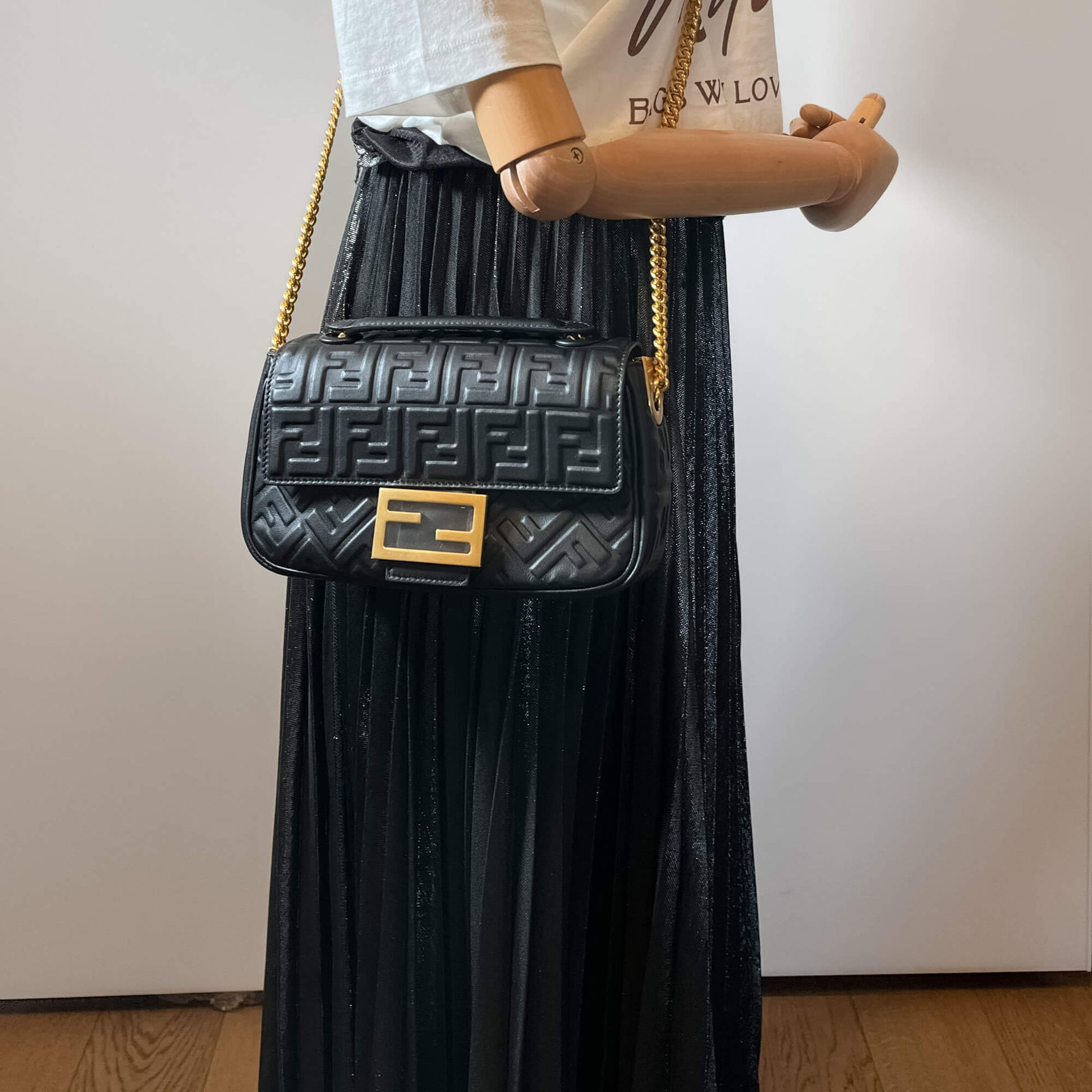 Baguette Midi Nappa Leather Black Chain Bag