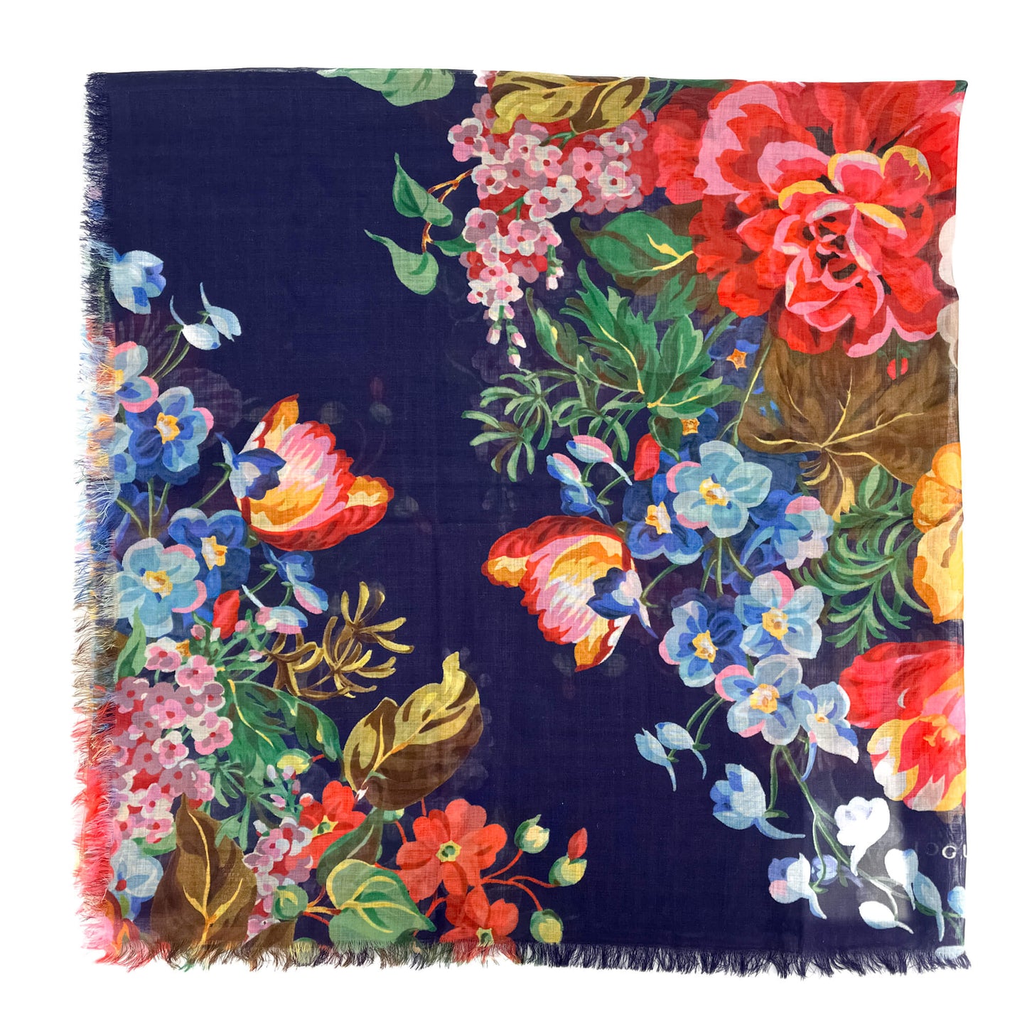 Second hand Gucci GG Flora Print Wool Foulard Navy - Tabita Bags