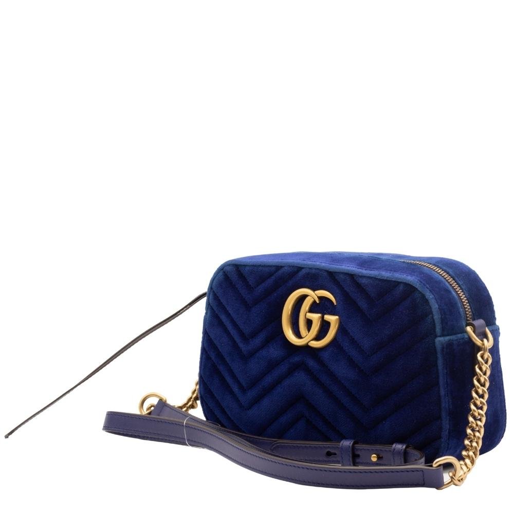 Second hand Gucci GG Marmont Blue Suede Small Matelassé Shoulder Bag - Tabita Bags