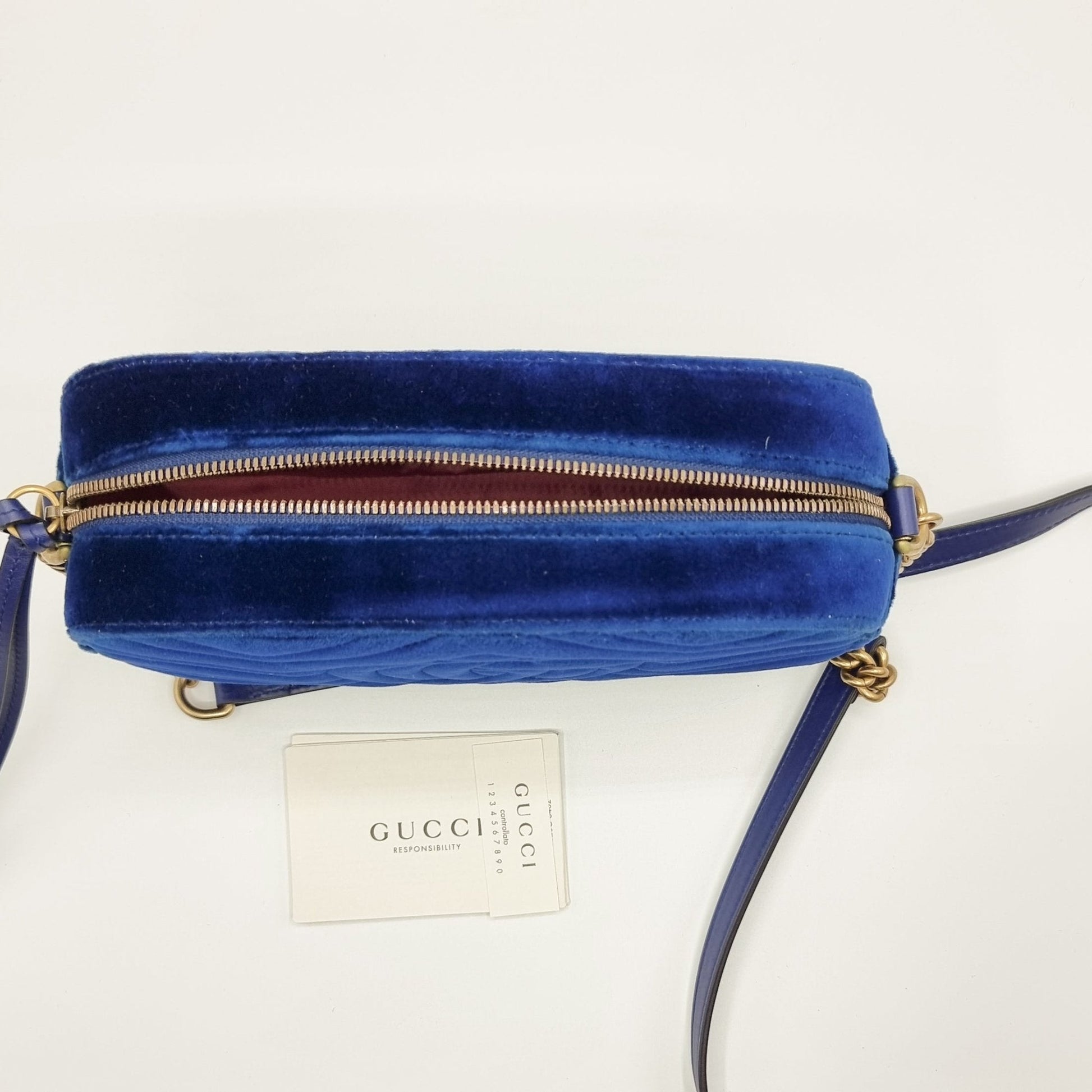 Second hand Gucci GG Marmont Blue Suede Small Matelassé Shoulder Bag - Tabita Bags