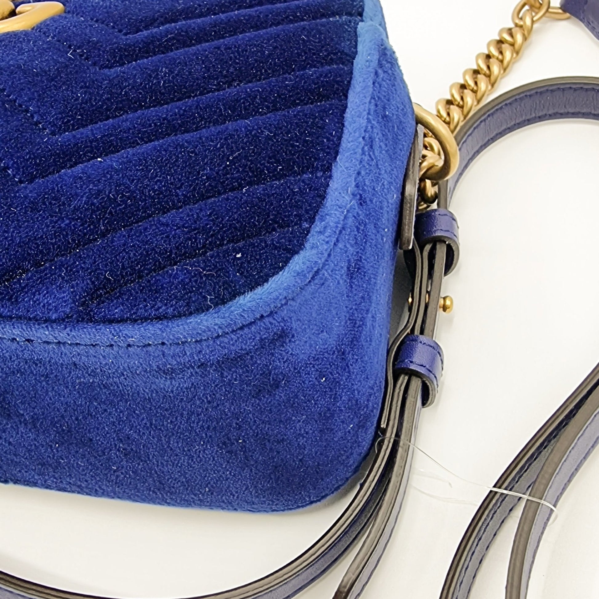 Second hand Gucci GG Marmont Blue Suede Small Matelassé Shoulder Bag - Tabita Bags