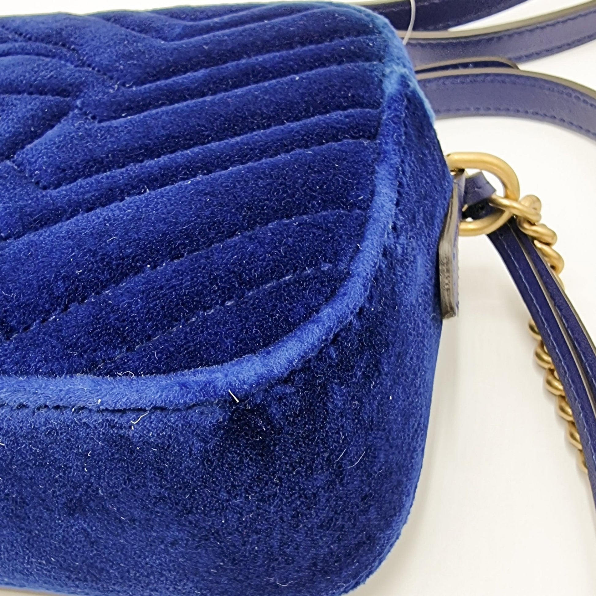 Second hand Gucci GG Marmont Blue Suede Small Matelassé Shoulder Bag - Tabita Bags