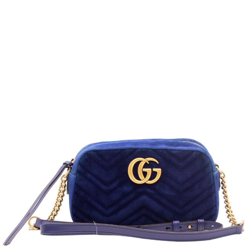 Second hand Gucci GG Marmont Blue Suede Small Matelassé Shoulder Bag - Tabita Bags