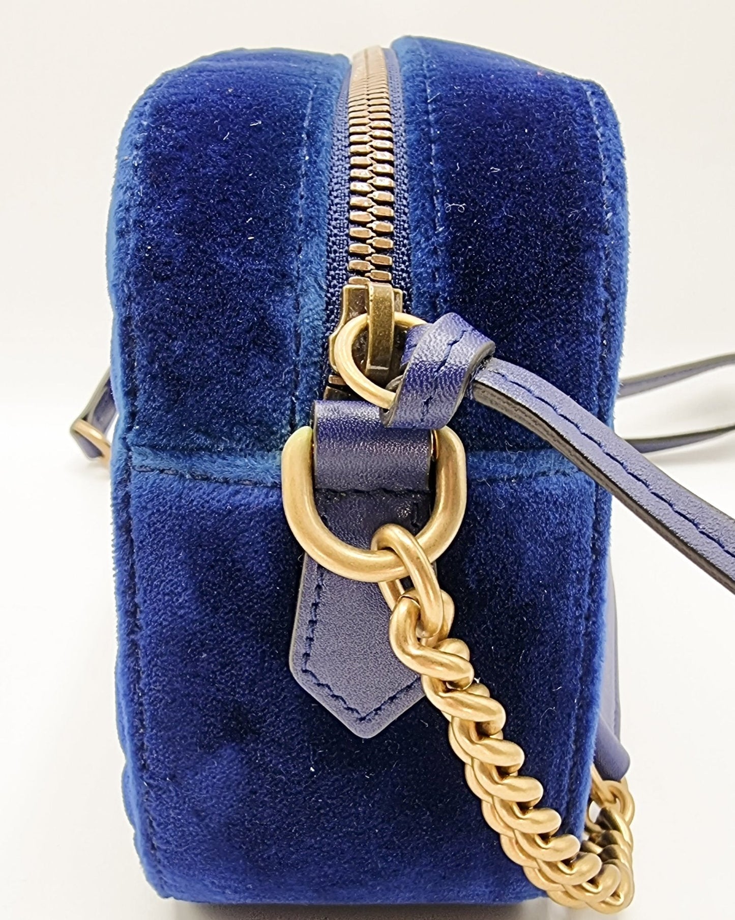 Second hand Gucci GG Marmont Blue Suede Small Matelassé Shoulder Bag - Tabita Bags