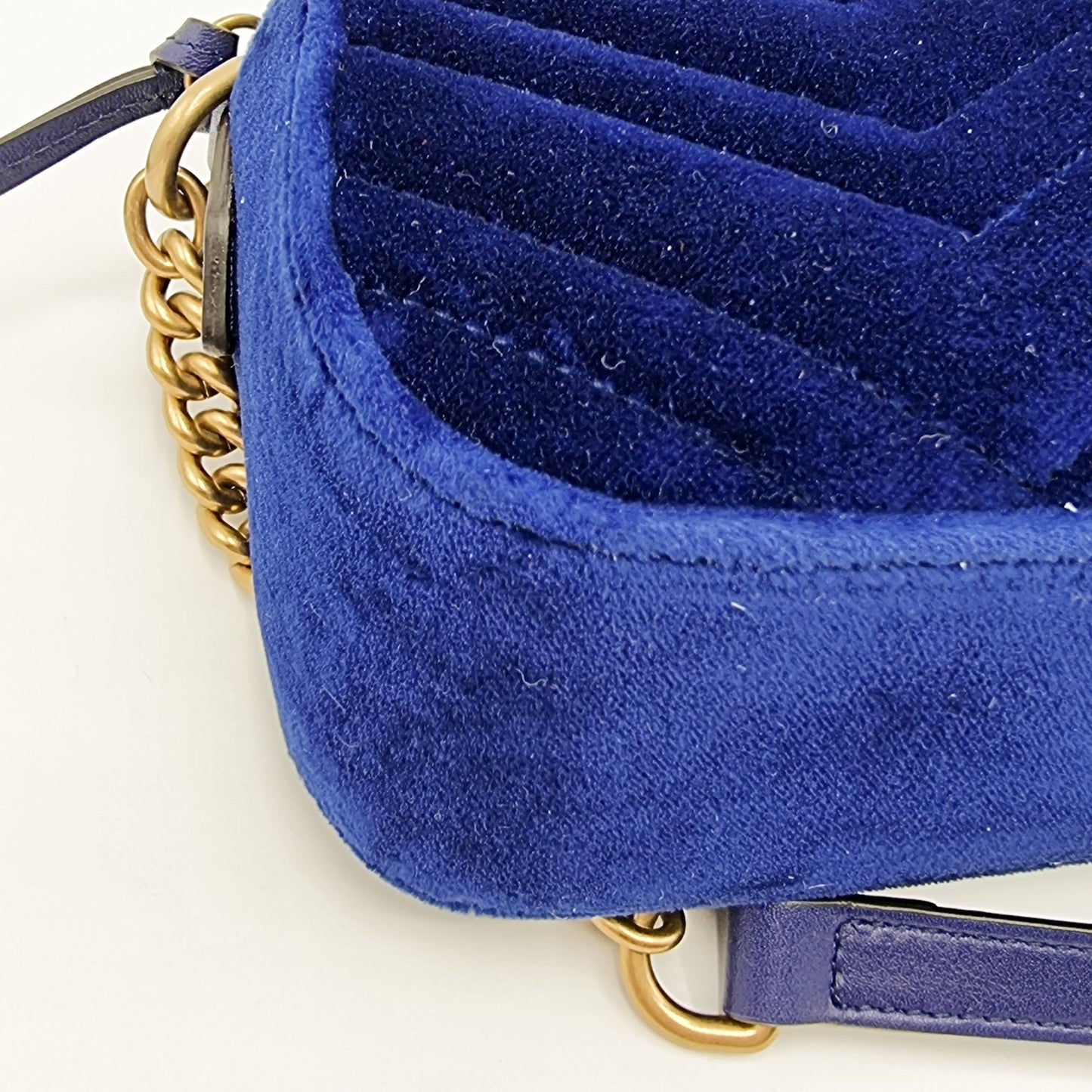 Second hand Gucci GG Marmont Blue Suede Small Matelassé Shoulder Bag - Tabita Bags