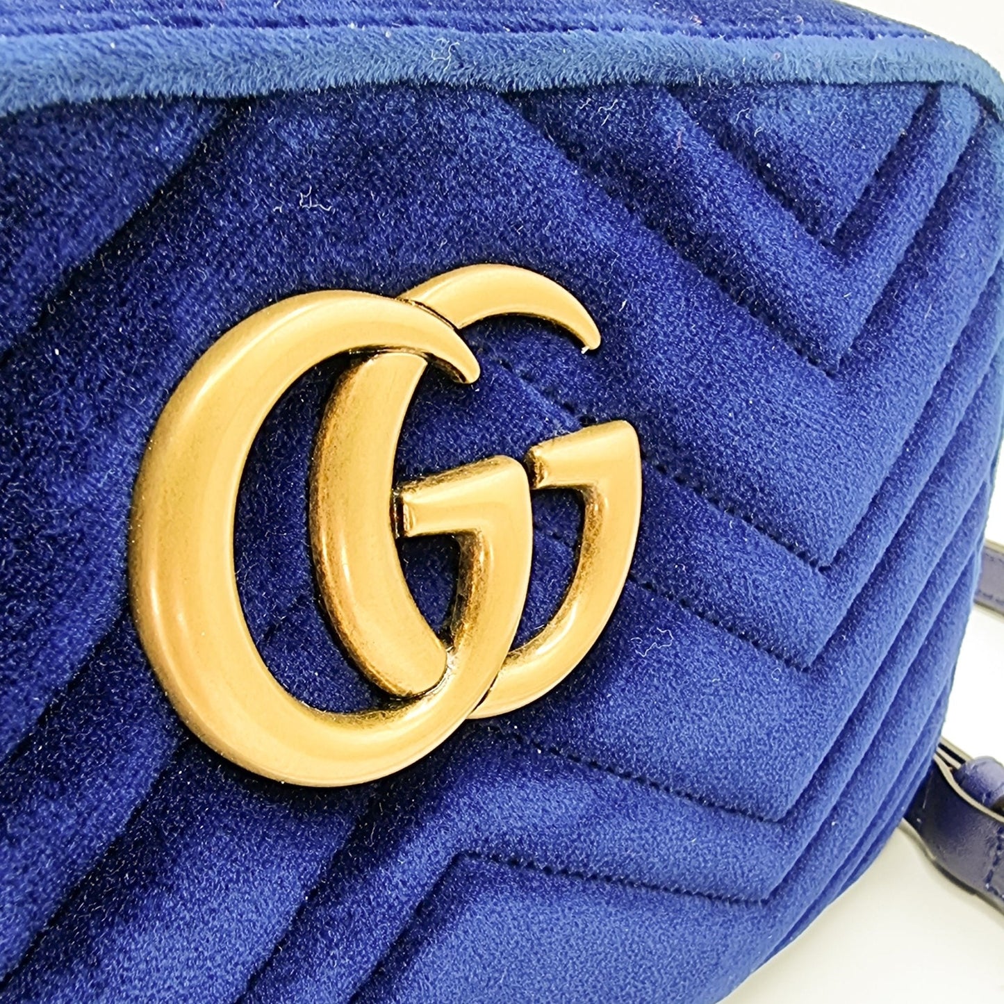 Second hand Gucci GG Marmont Blue Suede Small Matelassé Shoulder Bag - Tabita Bags