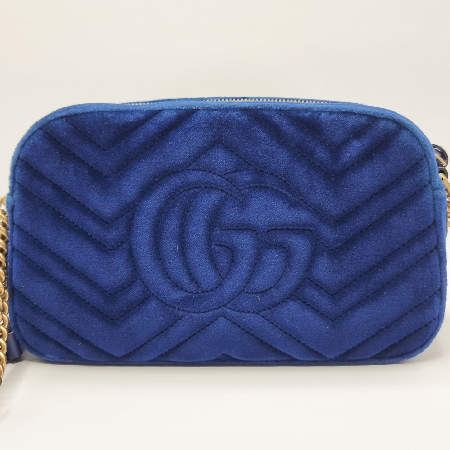 Second hand Gucci GG Marmont Blue Suede Small Matelassé Shoulder Bag - Tabita Bags