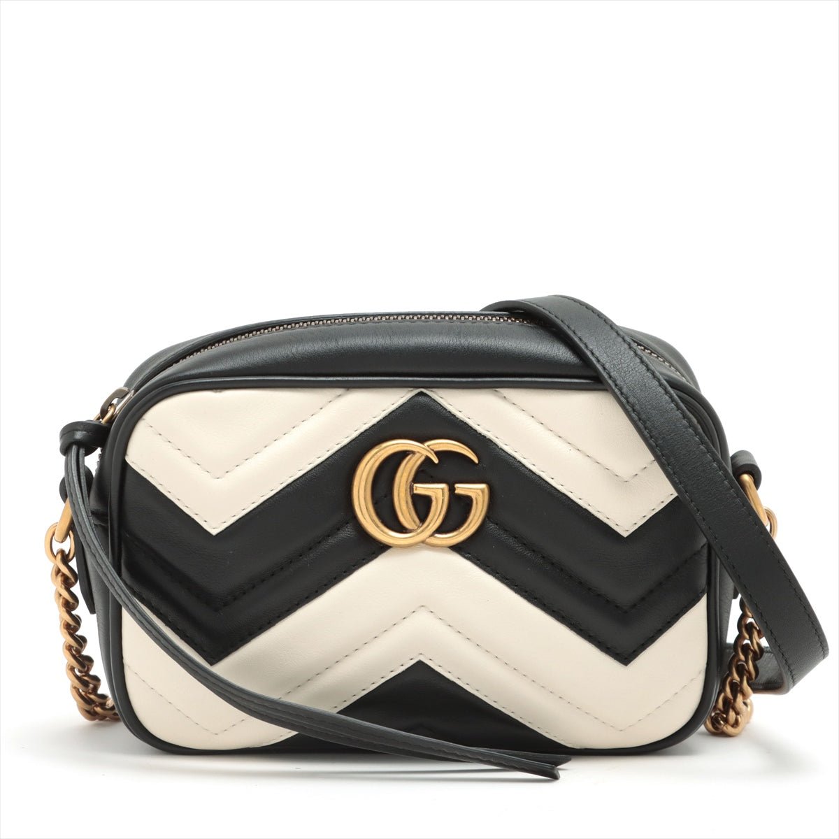 Second hand Gucci GG Marmont Mini Leather Chain Black × White Crossbody Bag - Tabita Bags