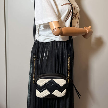 Second hand Gucci GG Marmont Mini Leather Chain Black × White Crossbody Bag - Tabita Bags