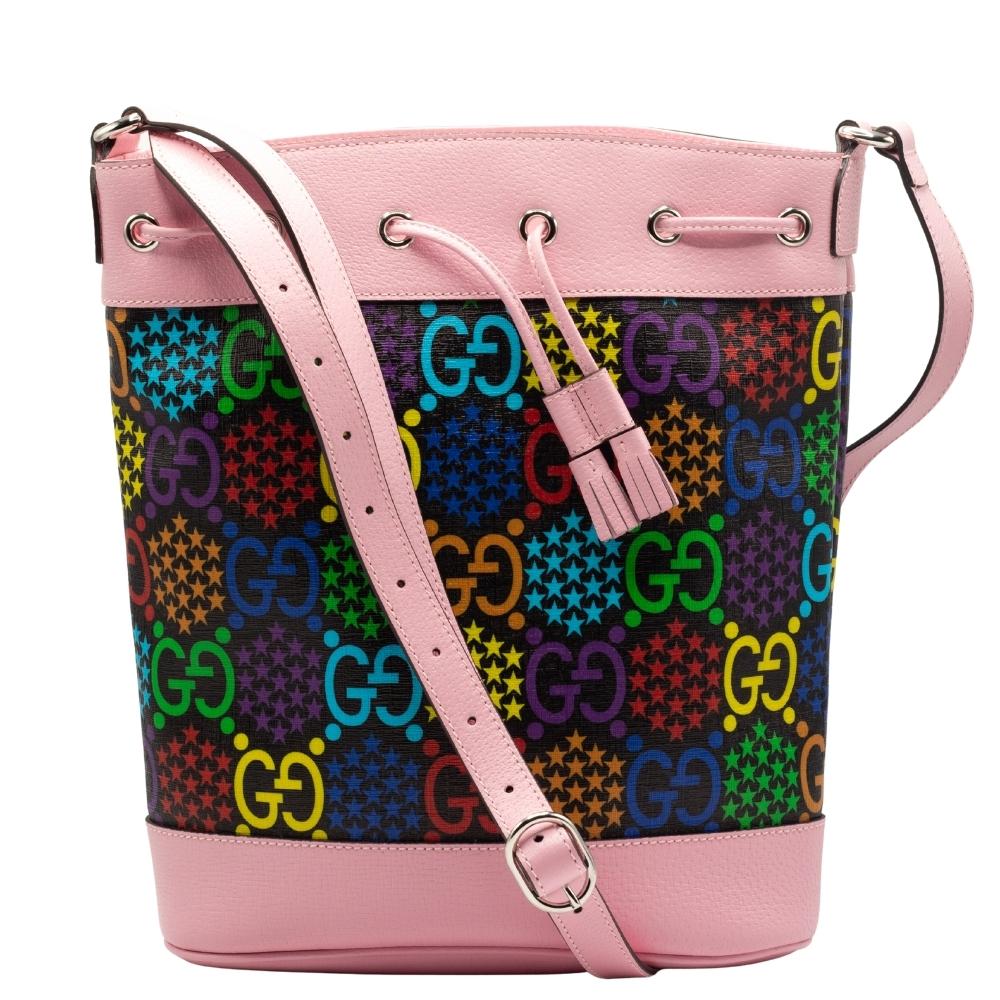 Second hand Gucci GG Supreme Monogram Psychedelic Bucket Bag Pink - Tabita Bags